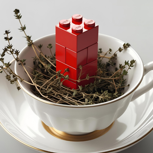Close-up digital art of a single red 2x4 toy block brick nestled in a white ceramic teacup. The teacup contains dried, brown thyme leaves. Flat lay composition, clean lines graphic